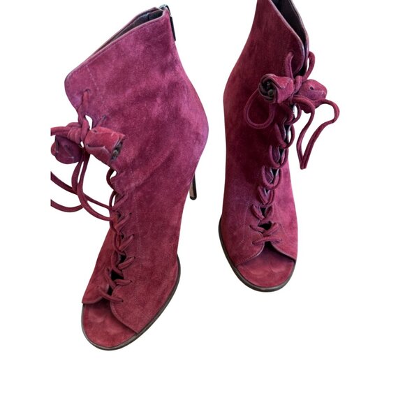 Coach Burgundy Suede Peep-Toe Lace-Up Stiletto Booties Size 9 - Picture 1 of 10